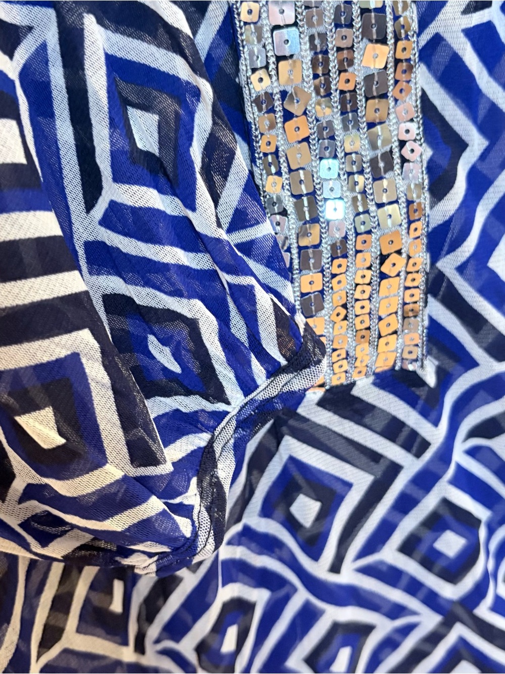 INC International Concepts Blue Geometric Sequin Peasant Blouse - Picture 3 of 9
